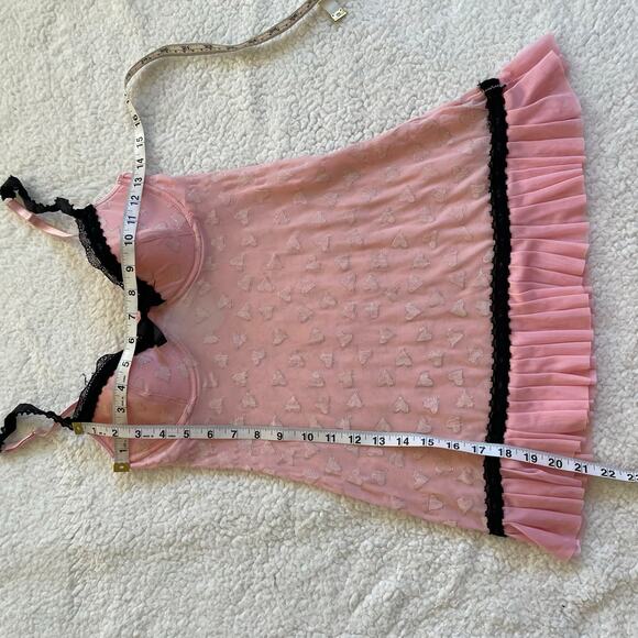 Pink Heart Mesh Babydoll Lingerie Dress Lace Trim Pleated Hem S - Picture 7 of 11